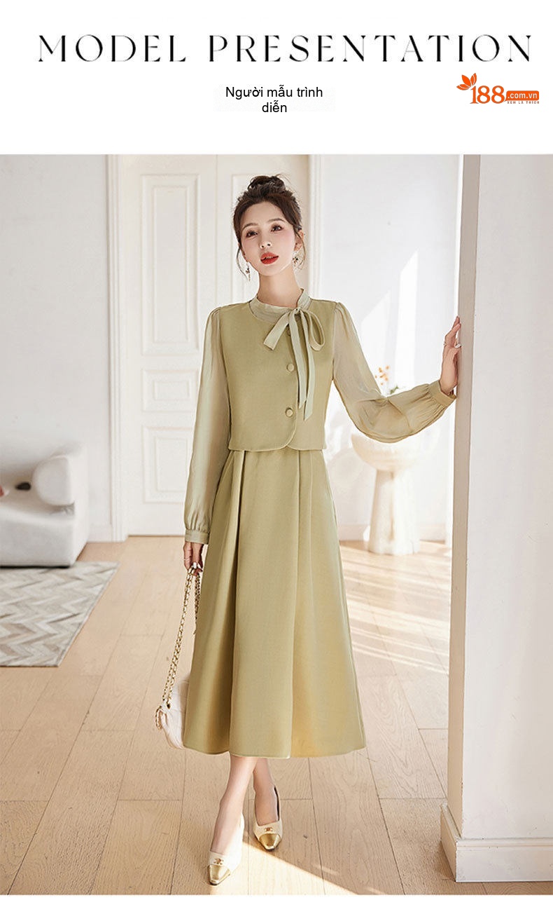 Váy liền thân Nữ Thiết Kế Giả Hai Lớp Phong Cách Tiểu Thư Cao Cấp Màu Đen, Xám, Xanh Olive chi tiết 16