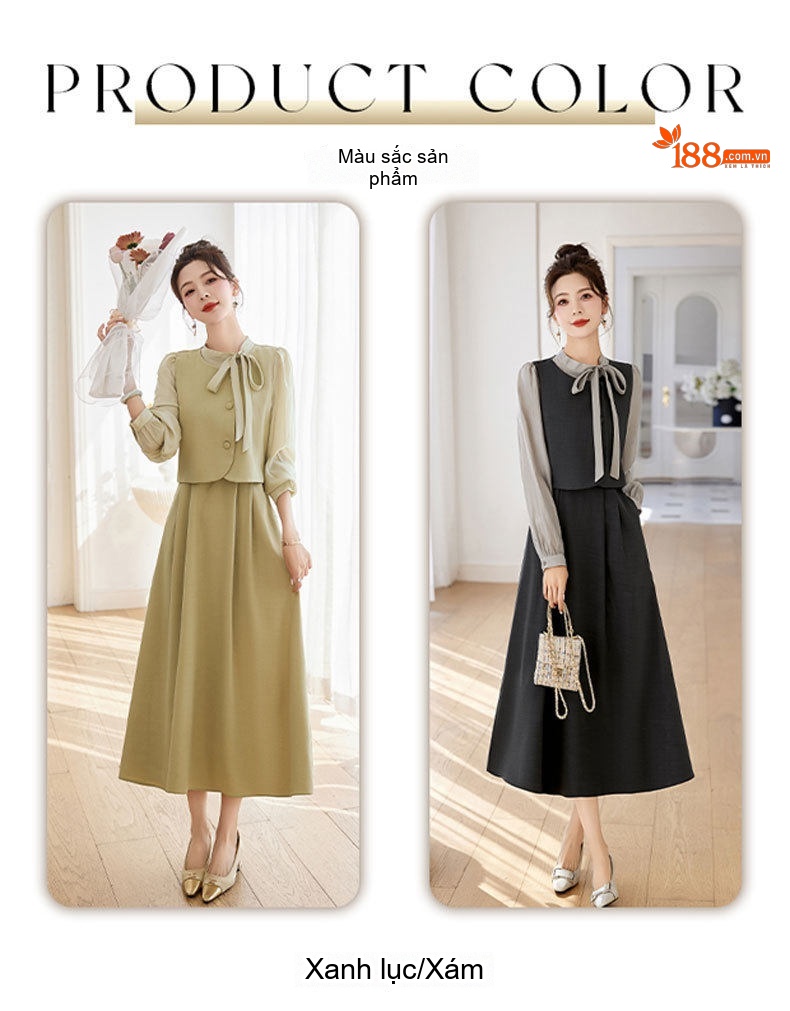 Váy liền thân Nữ Thiết Kế Giả Hai Lớp Phong Cách Tiểu Thư Cao Cấp Màu Đen, Xám, Xanh Olive chi tiết 12