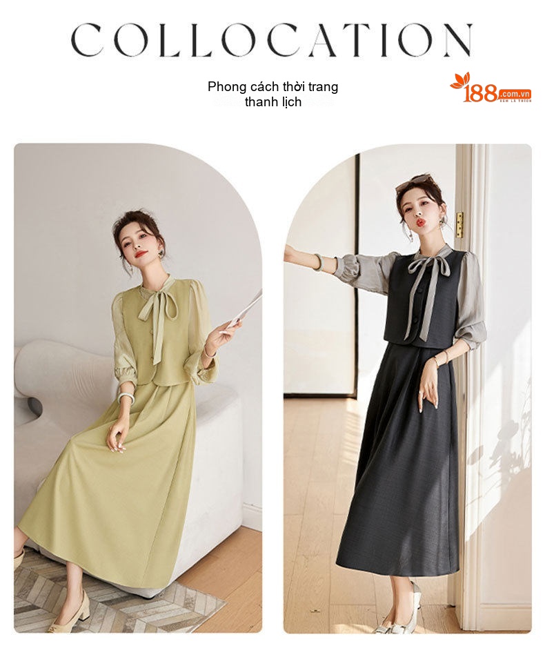 Váy liền thân Nữ Thiết Kế Giả Hai Lớp Phong Cách Tiểu Thư Cao Cấp Màu Đen, Xám, Xanh Olive chi tiết 6