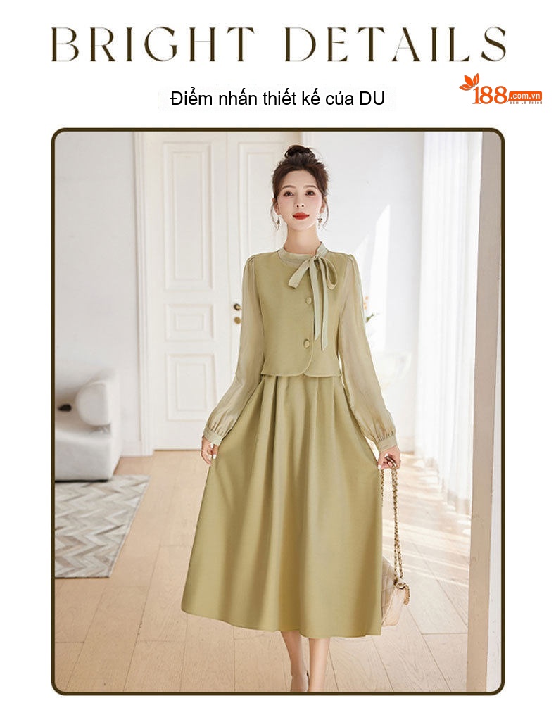 Váy liền thân Nữ Thiết Kế Giả Hai Lớp Phong Cách Tiểu Thư Cao Cấp Màu Đen, Xám, Xanh Olive chi tiết 7