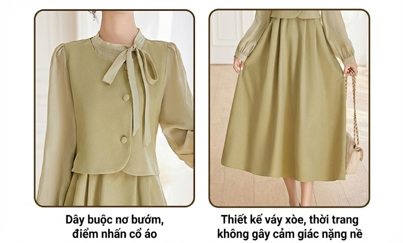 Váy liền thân Nữ Thiết Kế Giả Hai Lớp Phong Cách Tiểu Thư Cao Cấp Màu Đen, Xám, Xanh Olive chi tiết 8
