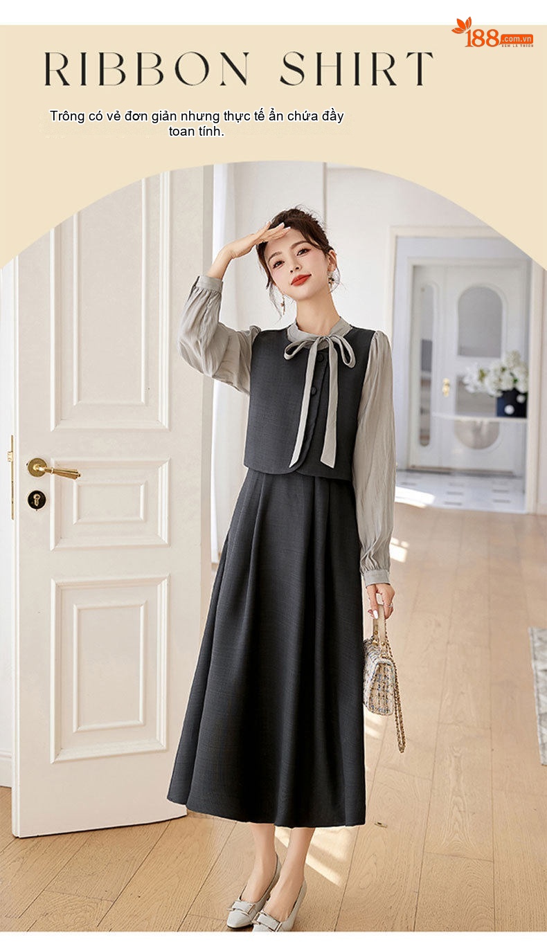 Váy liền thân Nữ Thiết Kế Giả Hai Lớp Phong Cách Tiểu Thư Cao Cấp Màu Đen, Xám, Xanh Olive chi tiết 9