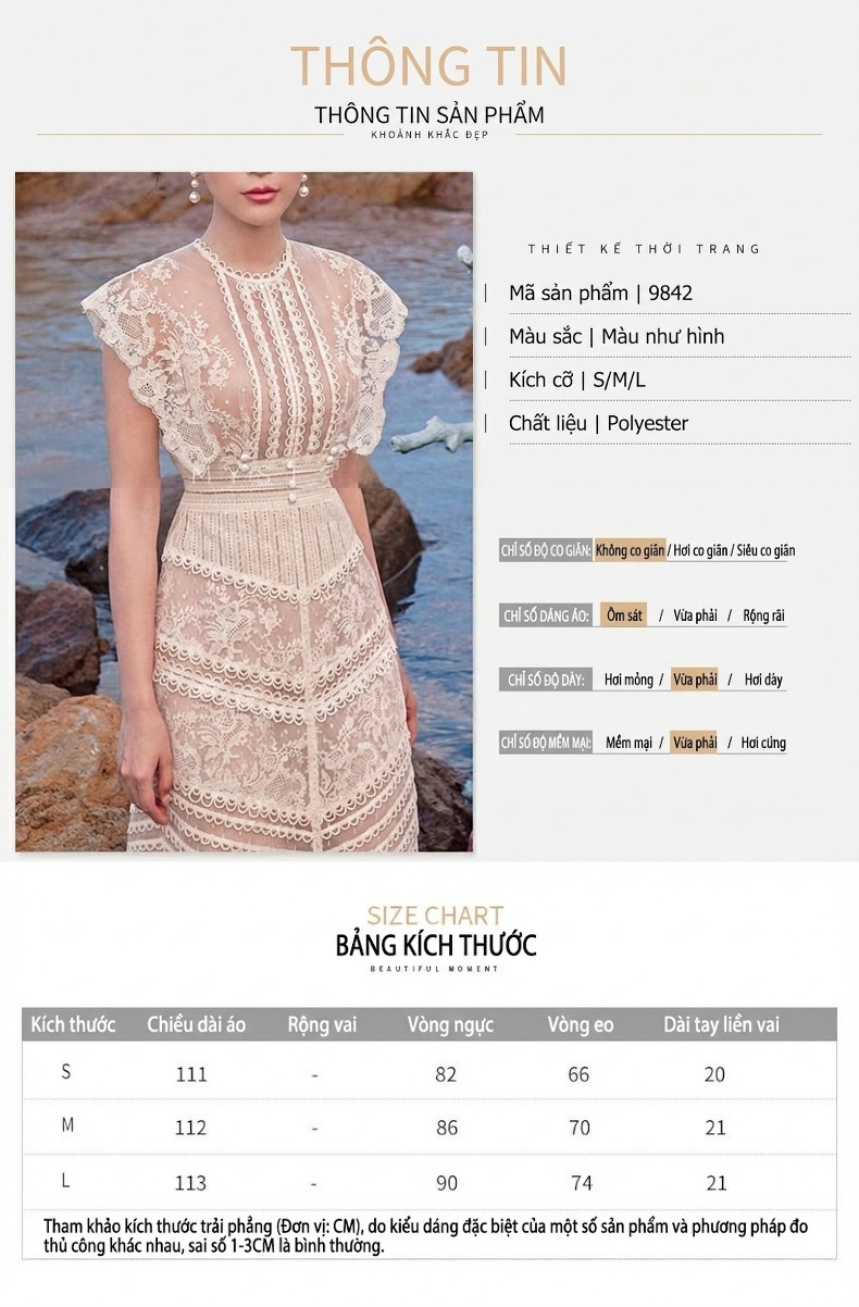 Váy liền thân Nữ Thiết Kế Họa Tiết Ren Móc, Thêu Hoa Cổ Điển Màu Kem chi tiết 1