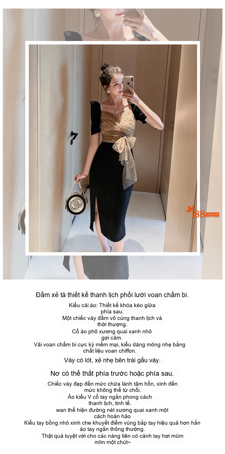 Váy liền thân Nữ Thiết Kế Pháp, Tay Bồng, Lưới Chấm Bi, Giả Hai Lớp Màu Đen chi tiết 1