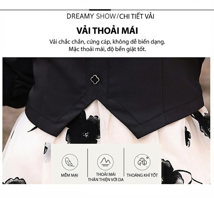 Váy liền thân Nữ Thiết Kế Tiểu Thư Tay Dài Họa Tiết Hoa Màu Đen, Trắng chi tiết 7