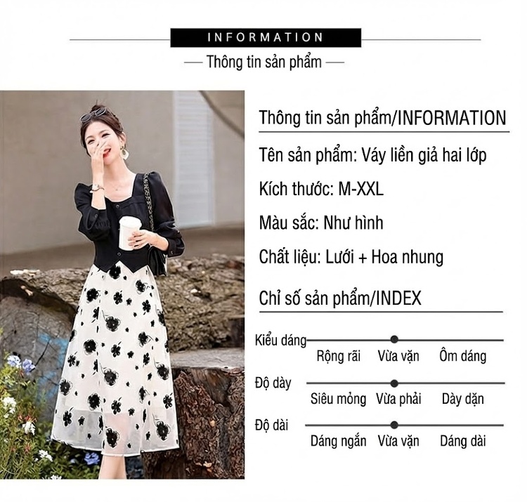 Váy liền thân Nữ Thiết Kế Tiểu Thư Tay Dài Họa Tiết Hoa Màu Đen, Trắng chi tiết 8