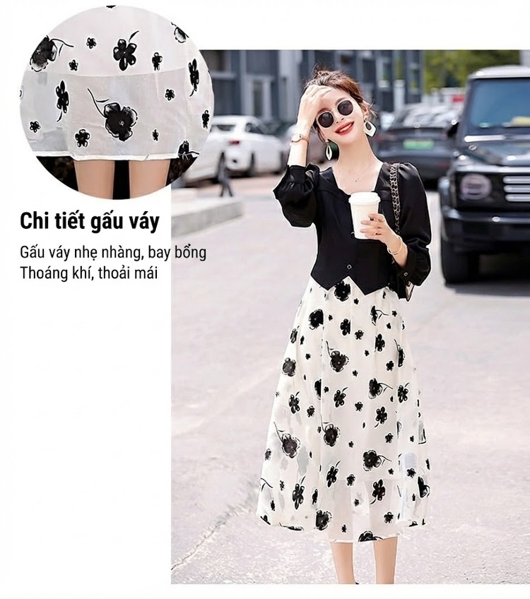 Váy liền thân Nữ Thiết Kế Tiểu Thư Tay Dài Họa Tiết Hoa Màu Đen, Trắng chi tiết 6