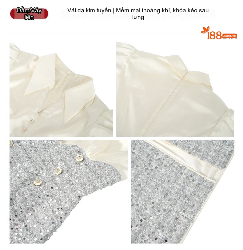 Váy liền thân Nữ Tiểu Thư Áo Sơ Mi Tay Dài Phối Chân Váy Dạ Tweed Đính Kim Sa Xẻ Tà Màu Trắng, Xám chi tiết 3