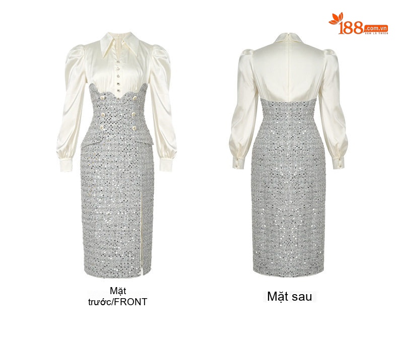 Váy liền thân Nữ Tiểu Thư Áo Sơ Mi Tay Dài Phối Chân Váy Dạ Tweed Đính Kim Sa Xẻ Tà Màu Trắng, Xám chi tiết 4