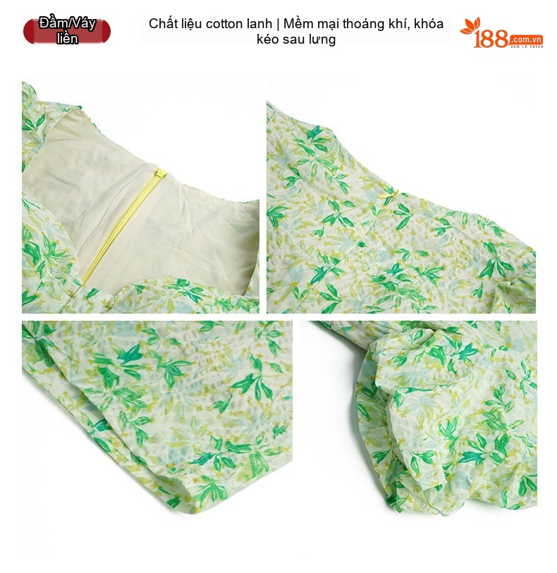Váy liền thân Nữ Tiểu Thư Cổ chữ Vuông Tay Bồng Họa Tiết Hoa Nhí Màu Xanh Lá chi tiết 3