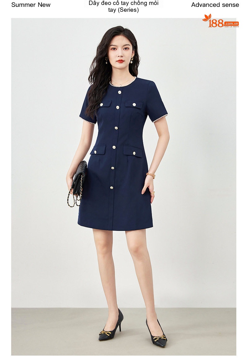 Váy liền thân Nữ Tiểu Thư Cổ Điển Tay Ngắn dáng chữ A Chiết Eo Màu Xanh Navy, Be chi tiết 1