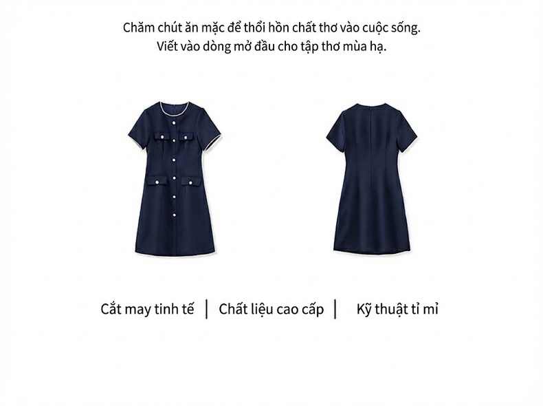 Váy liền thân Nữ Tiểu Thư Cổ Điển Tay Ngắn dáng chữ A Chiết Eo Màu Xanh Navy, Be chi tiết 3