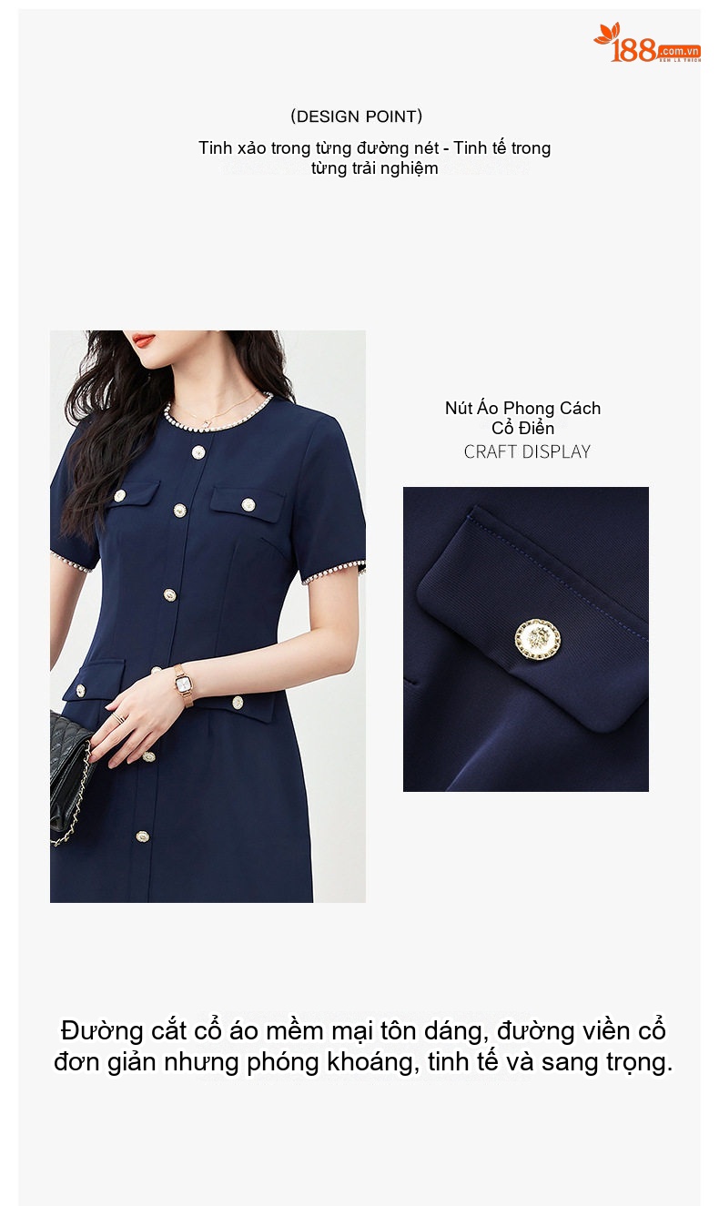 Váy liền thân Nữ Tiểu Thư Cổ Điển Tay Ngắn dáng chữ A Chiết Eo Màu Xanh Navy, Be chi tiết 4