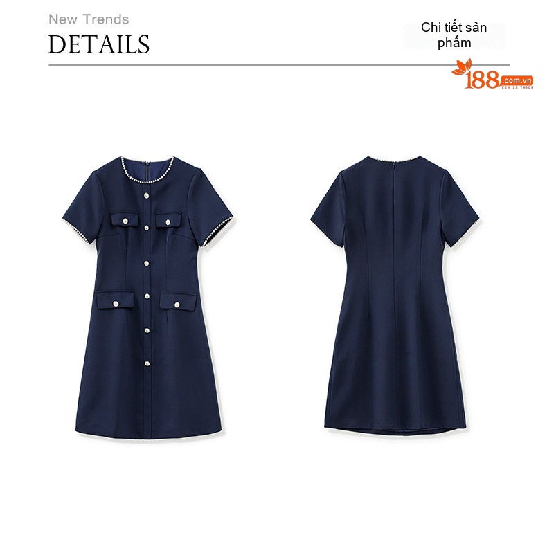 Váy liền thân Nữ Tiểu Thư Cổ Điển Tay Ngắn dáng chữ A Chiết Eo Màu Xanh Navy, Be chi tiết 12