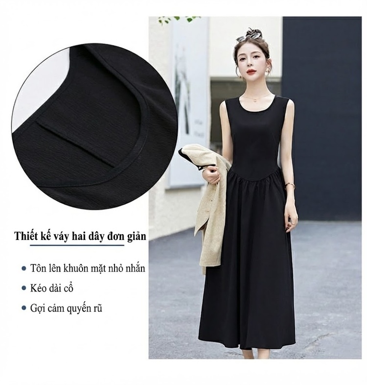 Váy liền thân Nữ Tiểu Thư Phong Cách Pháp Kèm Áo Khoác Màu Be, Đen chi tiết 4