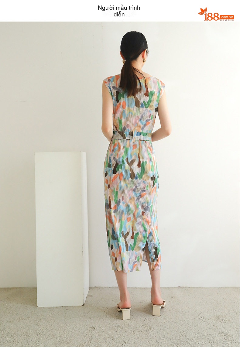 Váy liền thân Nữ Tr褶皱 Miyake In Họa Tiết Dáng Dài Xẻ Sau Kèm Đai Lưng Màu Xanh, Nâu, Trắng, Xám... chi tiết 5