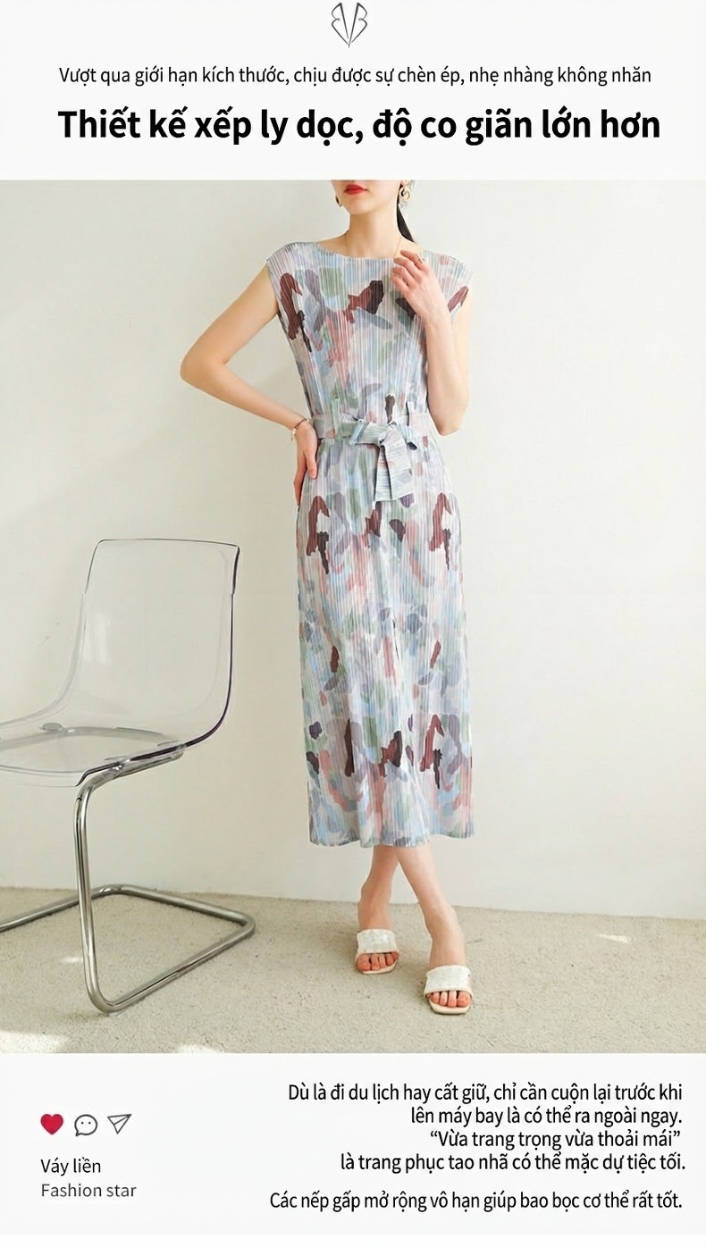 Váy liền thân Nữ Tr褶皱 Miyake In Họa Tiết Dáng Dài Xẻ Sau Kèm Đai Lưng Màu Xanh, Nâu, Trắng, Xám... chi tiết 1
