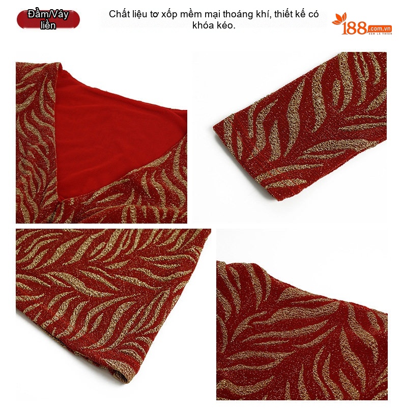 Váy liền thân Nữ V-Neck Tay Dài Ôm Dáng Eo Cao Đuôi Cá Họa Tiết Jacquard Sợi Lurex Màu Đỏ chi tiết 5