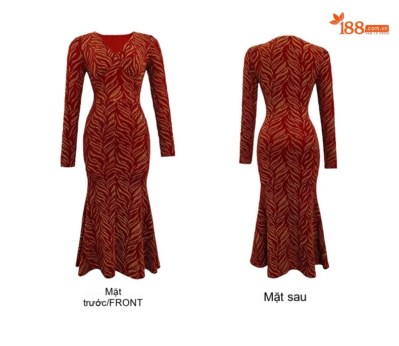 Váy liền thân Nữ V-Neck Tay Dài Ôm Dáng Eo Cao Đuôi Cá Họa Tiết Jacquard Sợi Lurex Màu Đỏ chi tiết 6