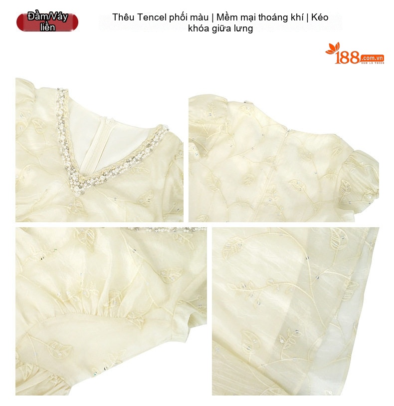 Váy liền thân Nữ V-Neck Tay Ngắn Đính Đá Eo Ôm Dáng Xòe Dài Màu Be chi tiết 3