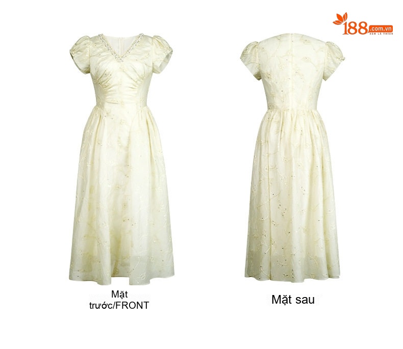 Váy liền thân Nữ V-Neck Tay Ngắn Đính Đá Eo Ôm Dáng Xòe Dài Màu Be chi tiết 4