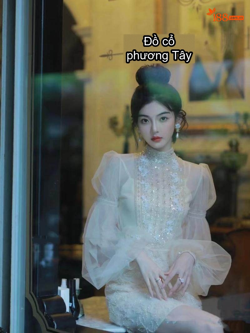 Váy liền thân Nữ Voan Lưới Tay Bồng Đính Hạt Cổ Cao Ôm Dáng Màu Be chi tiết 3