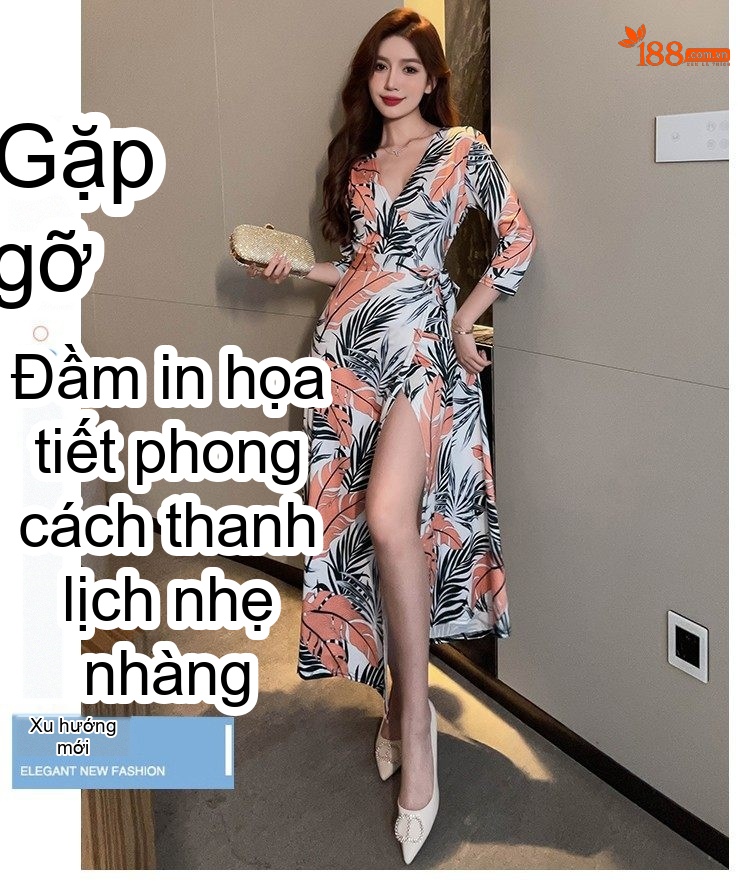 Váy Liền Thân Nữ Xẻ Tà Họa Tiết Lá Vải Mềm Mát Màu Trắng, Đen, Cam chi tiết 3