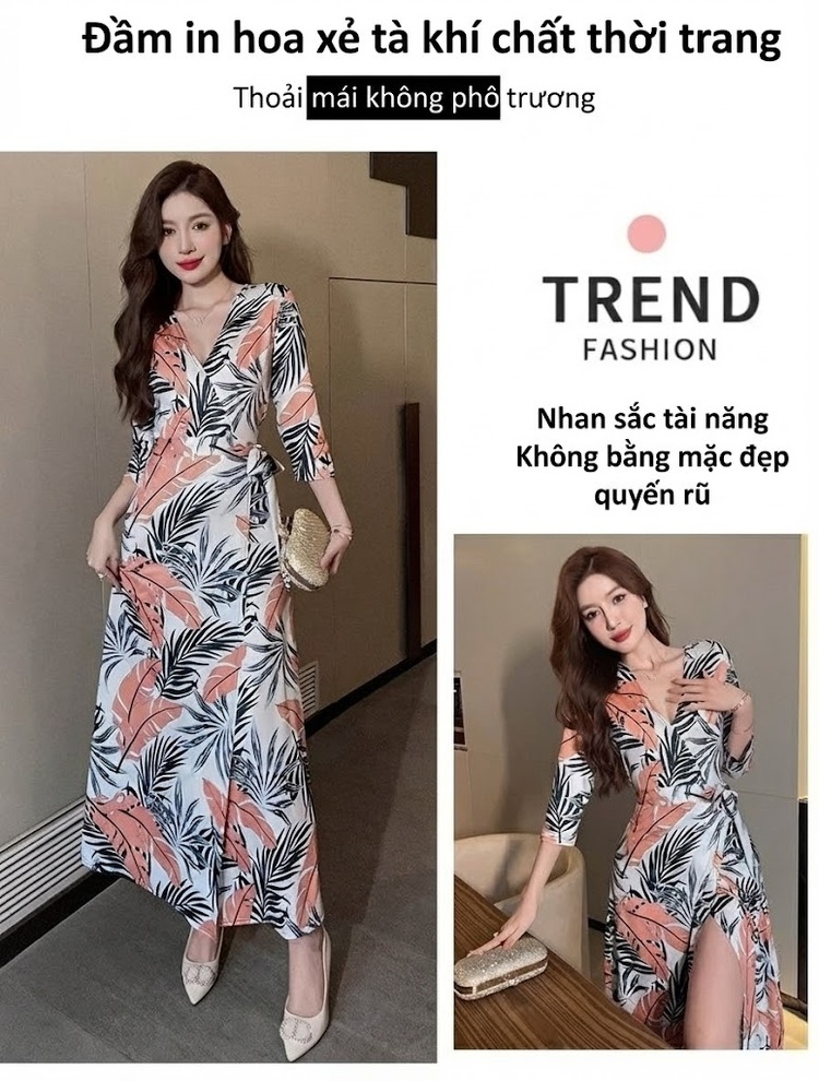 Váy Liền Thân Nữ Xẻ Tà Họa Tiết Lá Vải Mềm Mát Màu Trắng, Đen, Cam chi tiết 4