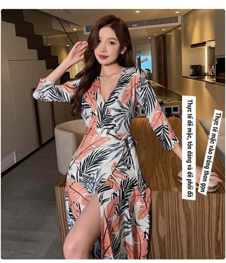 Váy Liền Thân Nữ Xẻ Tà Họa Tiết Lá Vải Mềm Mát Màu Trắng, Đen, Cam chi tiết 5