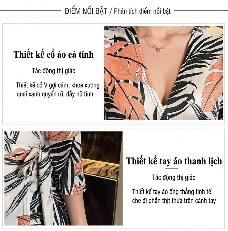 Váy Liền Thân Nữ Xẻ Tà Họa Tiết Lá Vải Mềm Mát Màu Trắng, Đen, Cam chi tiết 6
