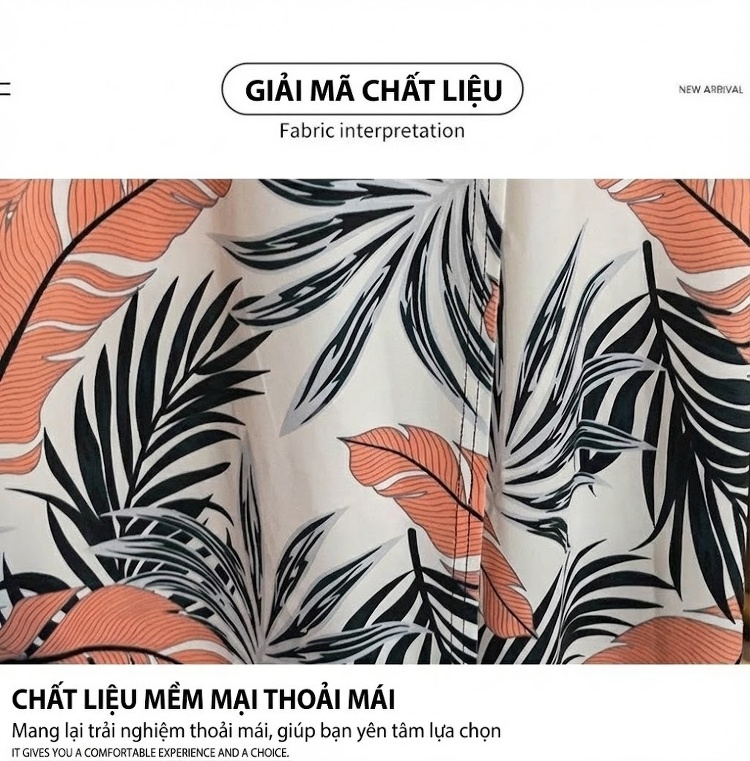Váy Liền Thân Nữ Xẻ Tà Họa Tiết Lá Vải Mềm Mát Màu Trắng, Đen, Cam chi tiết 7