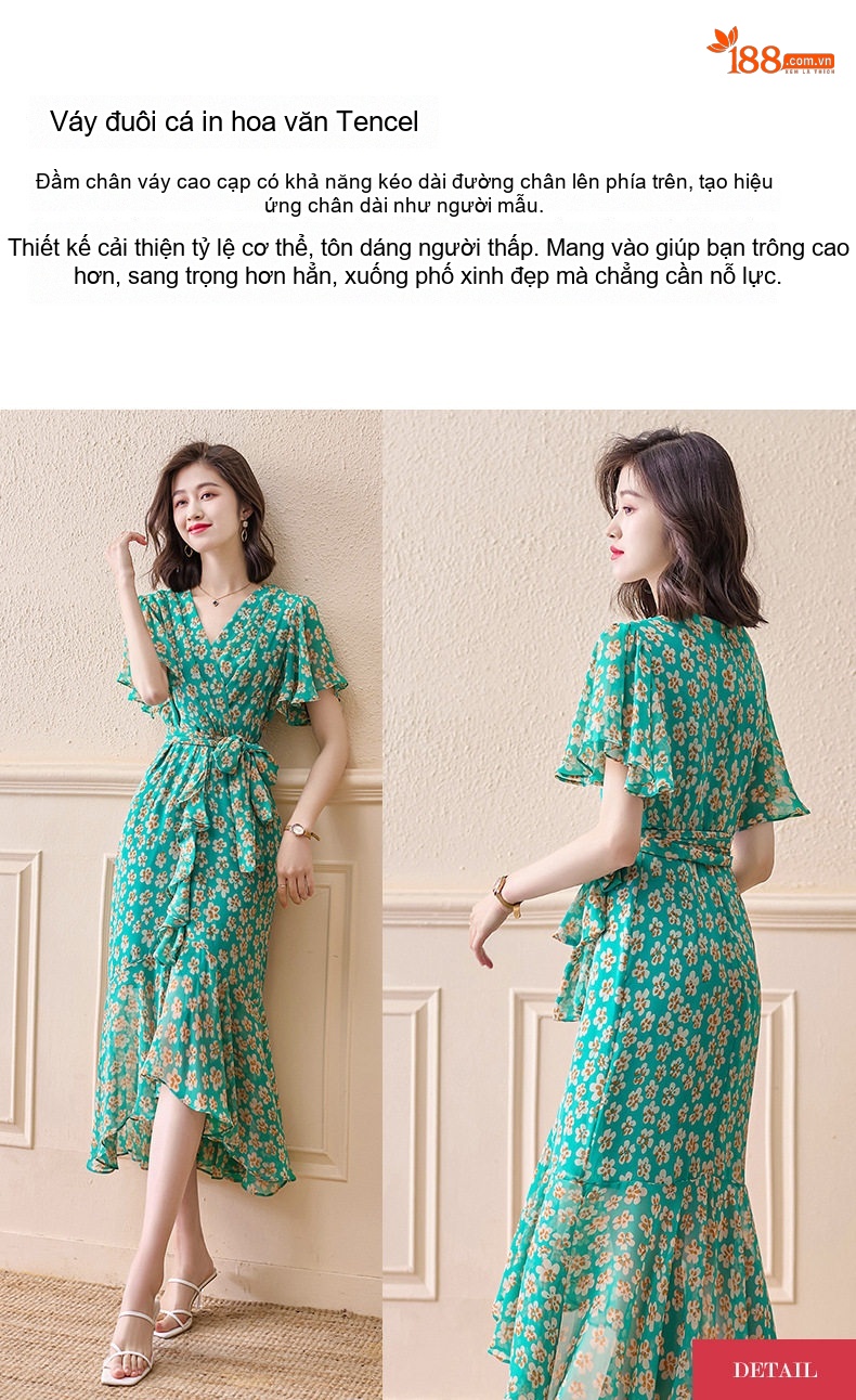 Váy Liền Thân Nữ Xòe Dài Họa Tiết Hoa Nhí Cổ chữ V Thắt Eo Chất Liệu Voan Màu Xanh Lá chi tiết 1
