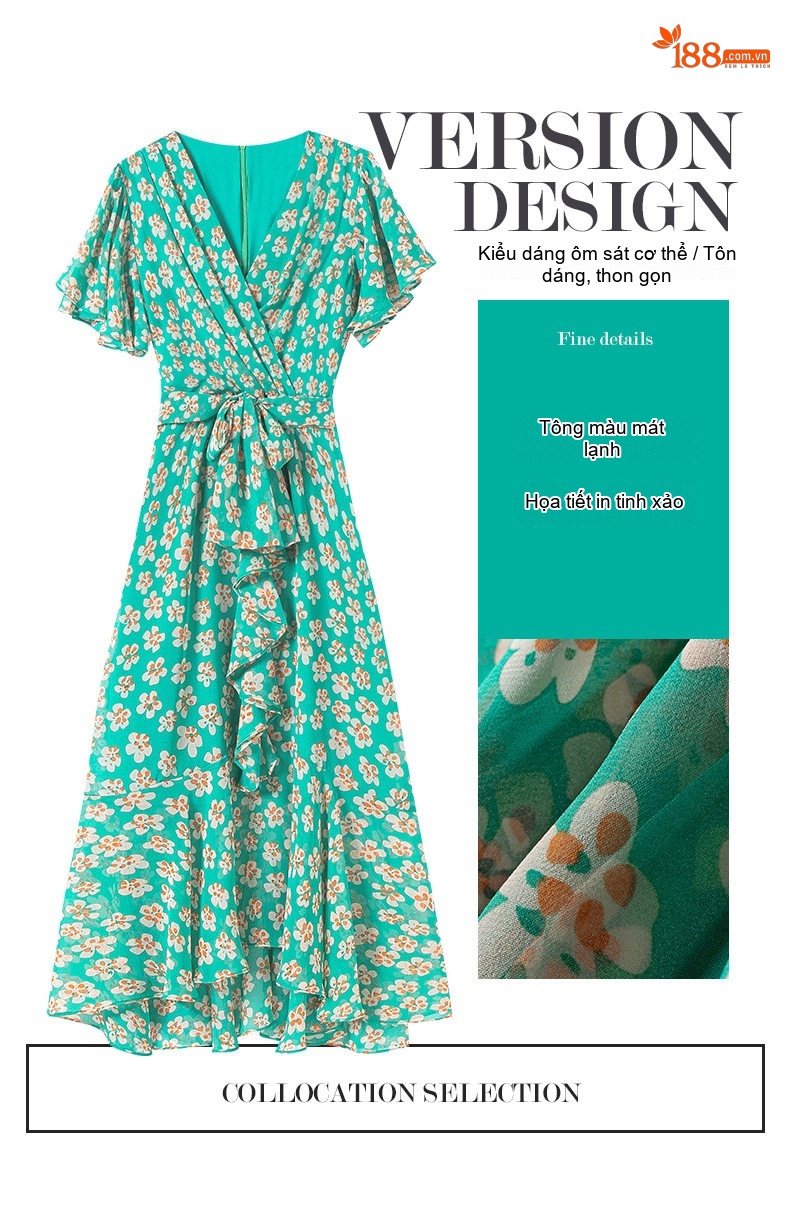 Váy Liền Thân Nữ Xòe Dài Họa Tiết Hoa Nhí Cổ chữ V Thắt Eo Chất Liệu Voan Màu Xanh Lá chi tiết 2