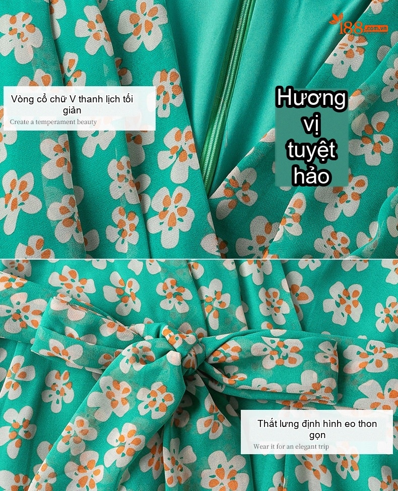 Váy Liền Thân Nữ Xòe Dài Họa Tiết Hoa Nhí Cổ chữ V Thắt Eo Chất Liệu Voan Màu Xanh Lá chi tiết 3