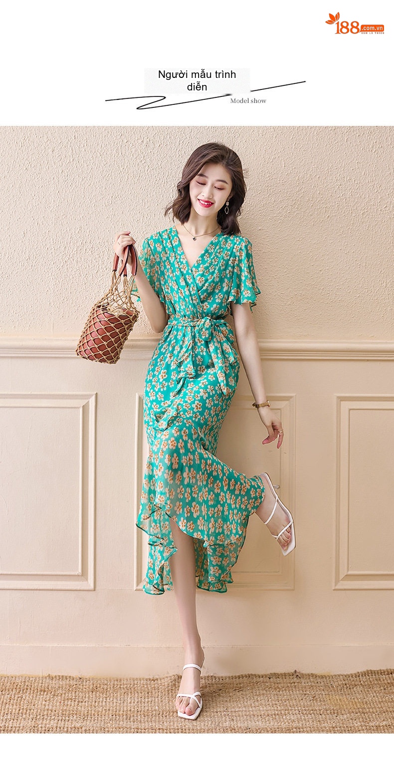 Váy Liền Thân Nữ Xòe Dài Họa Tiết Hoa Nhí Cổ chữ V Thắt Eo Chất Liệu Voan Màu Xanh Lá chi tiết 6