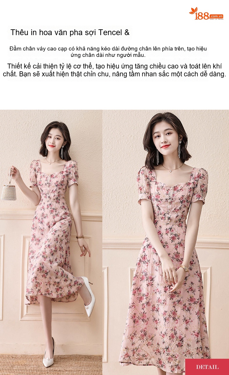 Váy Liền Thân Nữ Xòe Dài Tay Ngắn Cổ chữ Vuông Họa Tiết Hoa Nhí Chất Liệu Voan Màu Hồng chi tiết 1