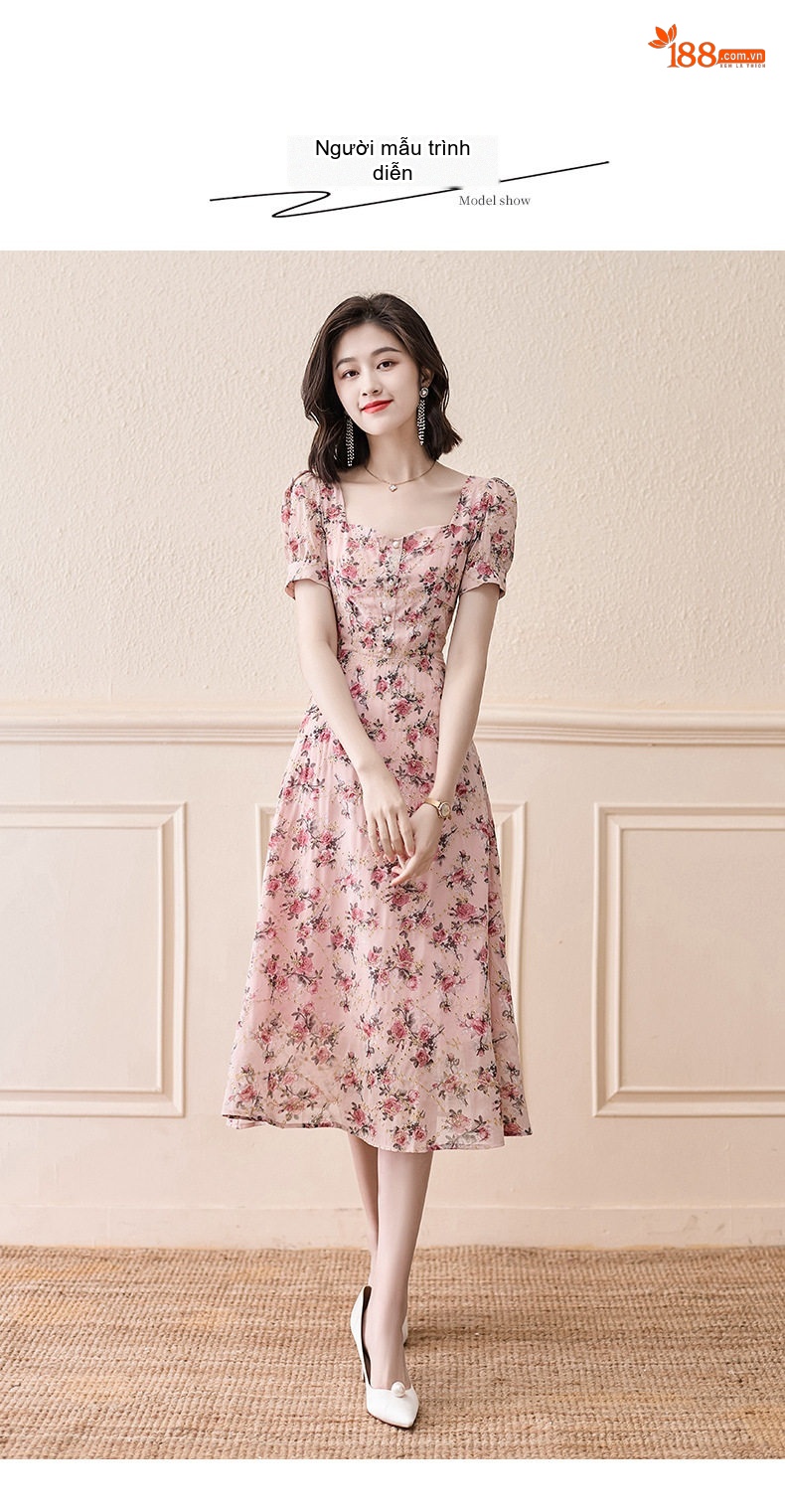 Váy Liền Thân Nữ Xòe Dài Tay Ngắn Cổ chữ Vuông Họa Tiết Hoa Nhí Chất Liệu Voan Màu Hồng chi tiết 6