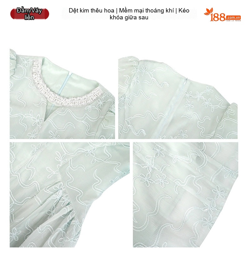 Váy liền thân Nữ Xòe Dáng Dài Thêu Hoa Đính Đá Cổ Điển Màu Xanh chi tiết 3