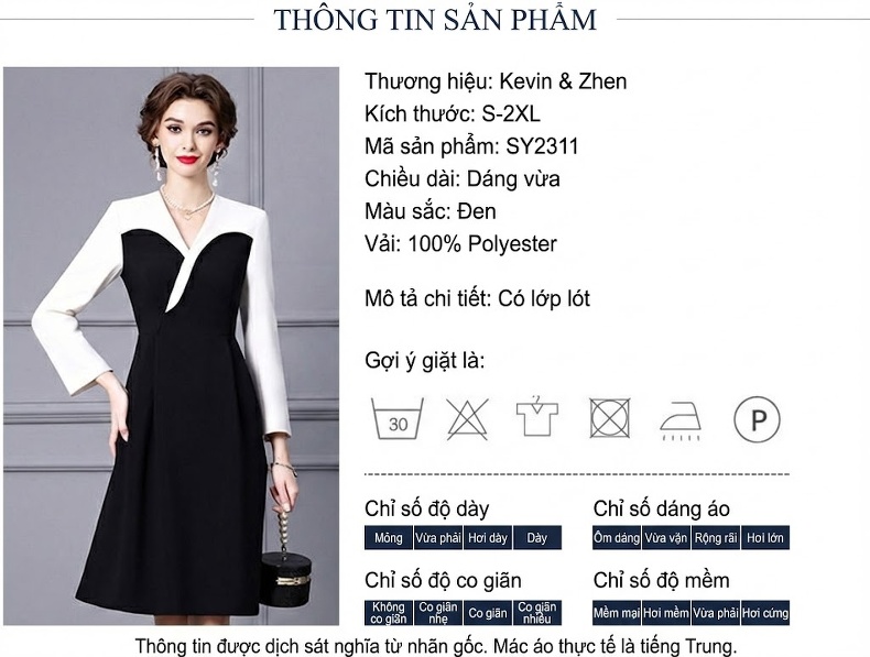 Váy Liền Thân Tay Dài dáng chữ A Thanh Lịch Màu Đen, Trắng chi tiết 17