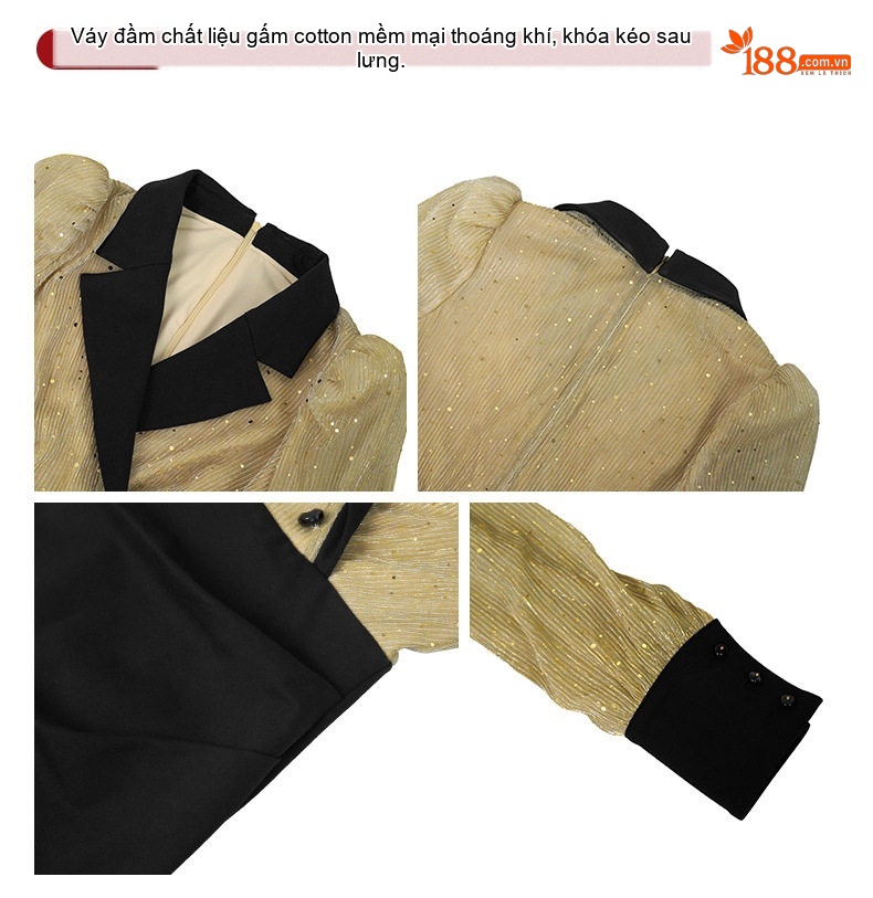 Váy Liền Thân Tay Dài Dáng Vest Sang Trọng Màu Vàng, Đen chi tiết 3