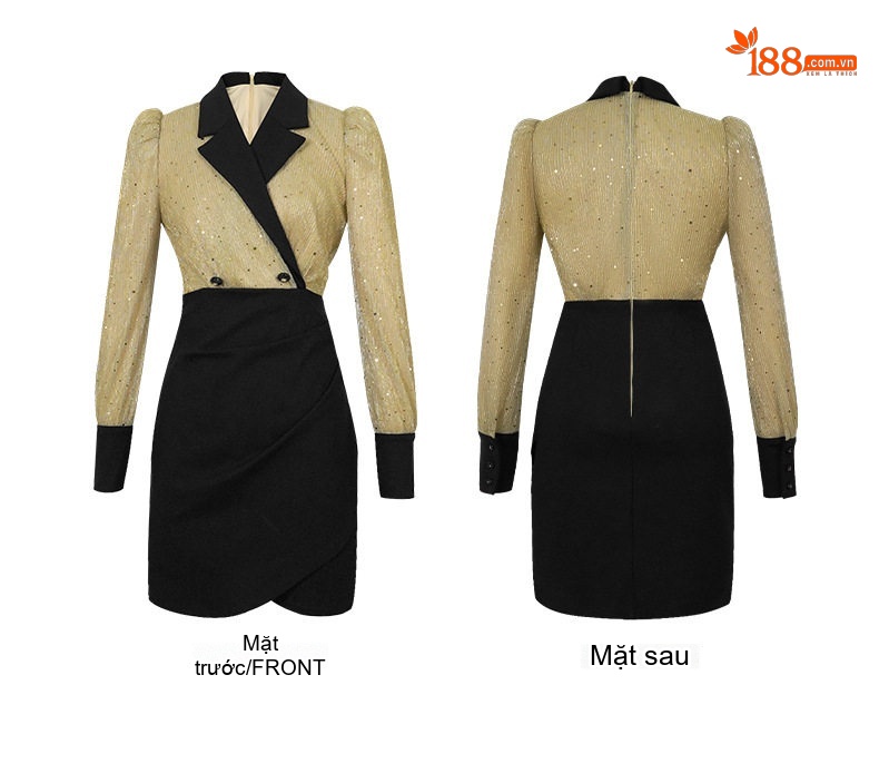 Váy Liền Thân Tay Dài Dáng Vest Sang Trọng Màu Vàng, Đen chi tiết 4
