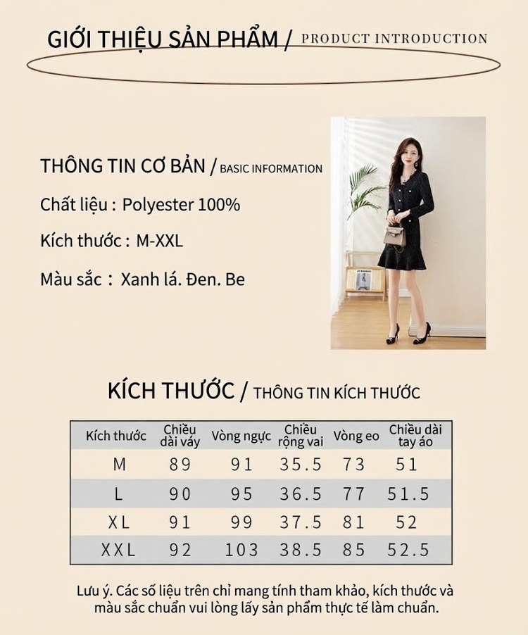 Váy Liền Thân Thu Đông dáng chữ A Chiết Eo Thiết Kế Tiểu Thư Màu Be, Đen, Xanh... chi tiết 7