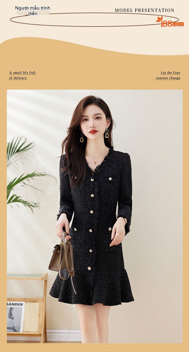 Váy Liền Thân Thu Đông dáng chữ A Chiết Eo Thiết Kế Tiểu Thư Màu Be, Đen, Xanh... chi tiết 8
