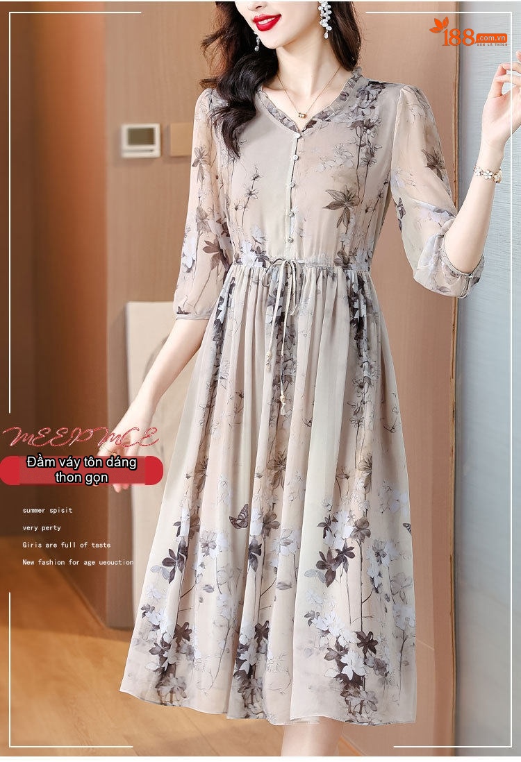 Váy Lụa A Line Nữ Cổ chữ V Tay Lỡ Họa Tiết Hoa Nhí Thanh Lịch chi tiết 1