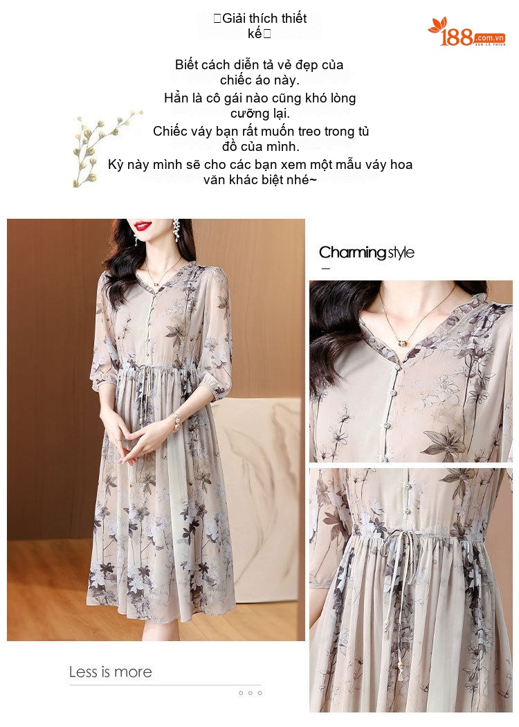 Váy Lụa A Line Nữ Cổ chữ V Tay Lỡ Họa Tiết Hoa Nhí Thanh Lịch chi tiết 2