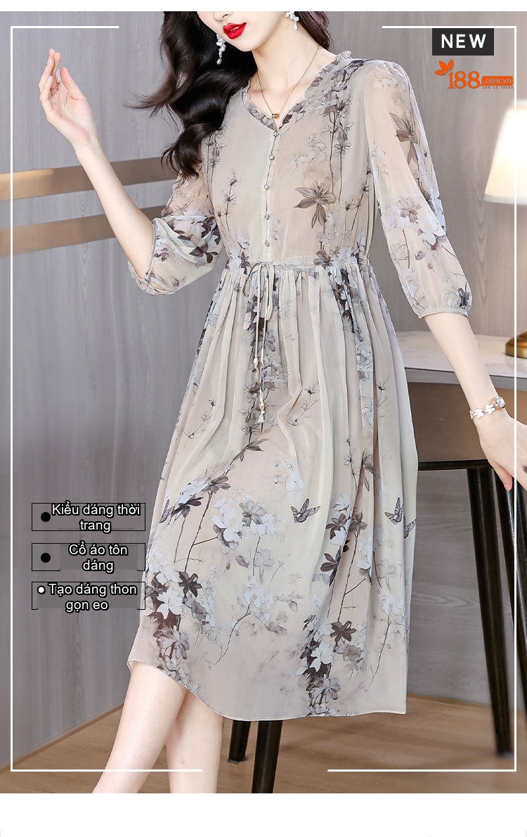 Váy Lụa A Line Nữ Cổ chữ V Tay Lỡ Họa Tiết Hoa Nhí Thanh Lịch chi tiết 3