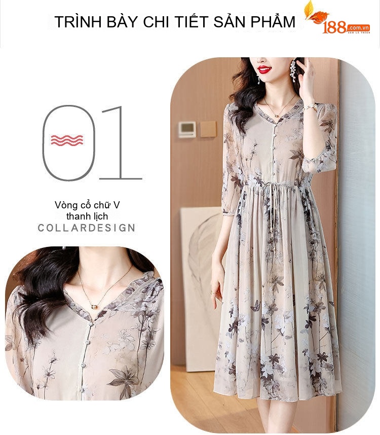 Váy Lụa A Line Nữ Cổ chữ V Tay Lỡ Họa Tiết Hoa Nhí Thanh Lịch chi tiết 4