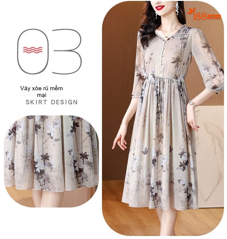 Váy Lụa A Line Nữ Cổ chữ V Tay Lỡ Họa Tiết Hoa Nhí Thanh Lịch chi tiết 6