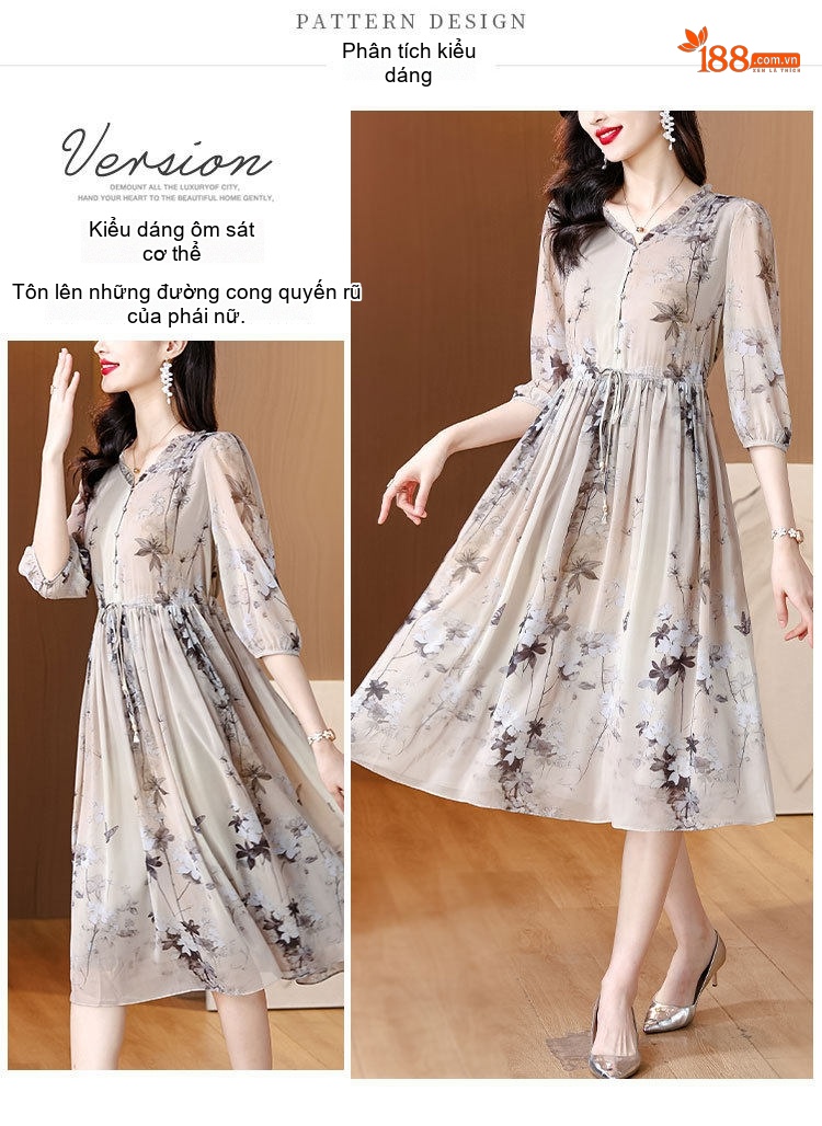 Váy Lụa A Line Nữ Cổ chữ V Tay Lỡ Họa Tiết Hoa Nhí Thanh Lịch chi tiết 7
