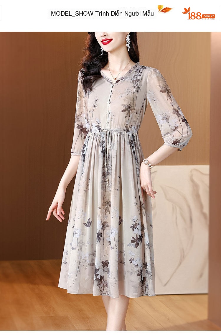 Váy Lụa A Line Nữ Cổ chữ V Tay Lỡ Họa Tiết Hoa Nhí Thanh Lịch chi tiết 9